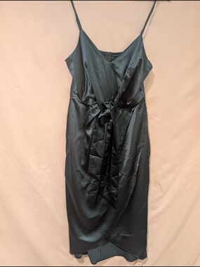 Satin Slip Midi Dress with Tie Waist - Green
